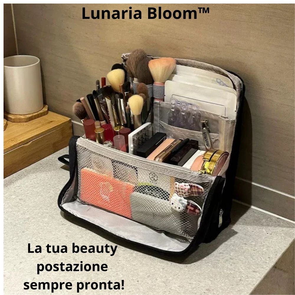 Lunaria Bloom™ – La beauty bag verticale che unisce eleganza e funzionalità.